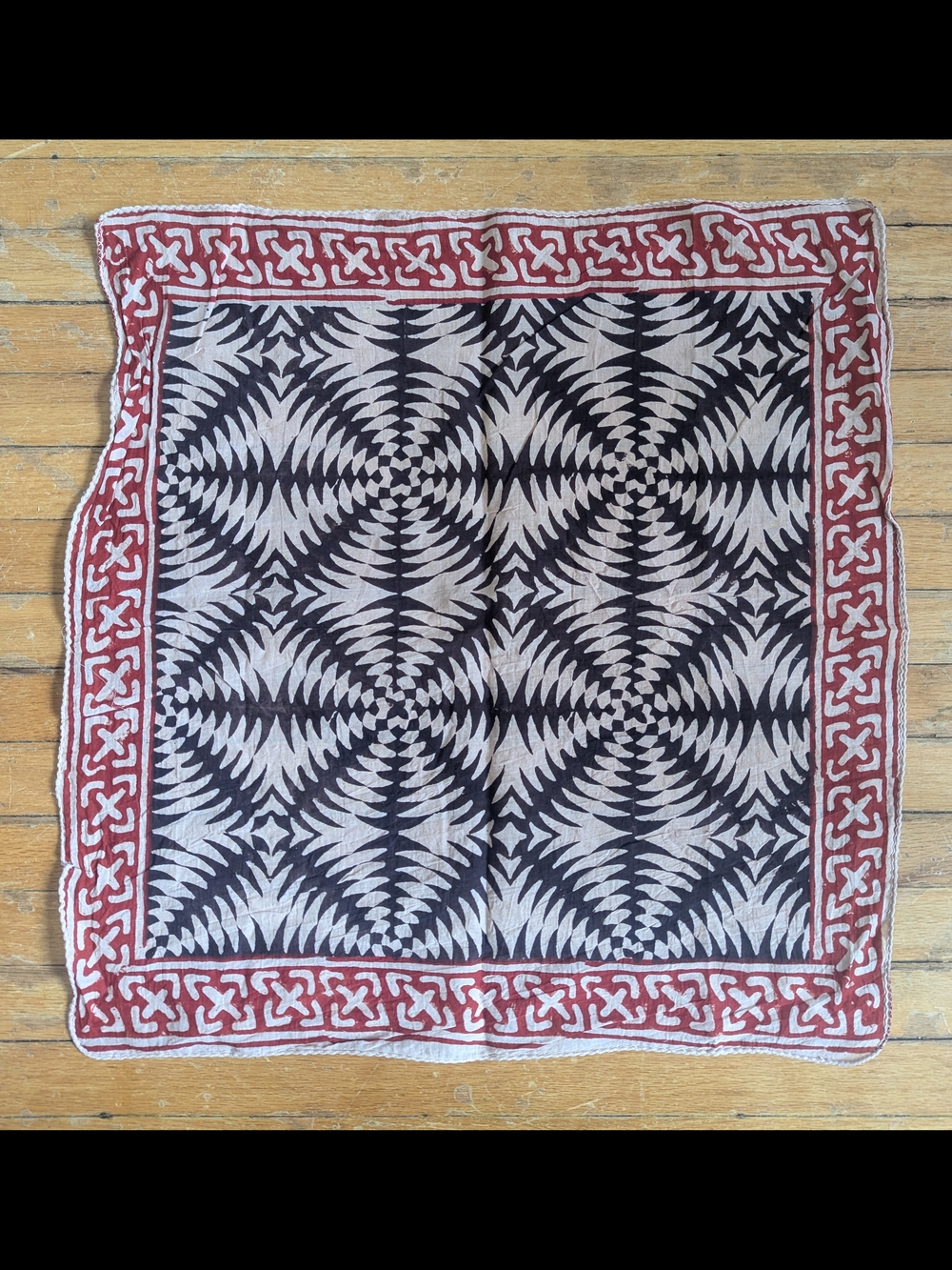 Black & Cream Geometric Bandana Scarf with Red Border